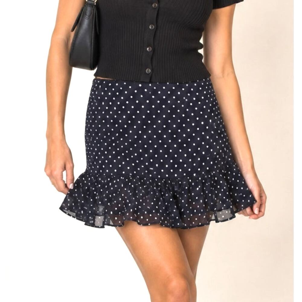 Vintage Ralph Lauren Womens Polka Dot Ruffle Skirt Size 12 Black 90s Preppy Fall